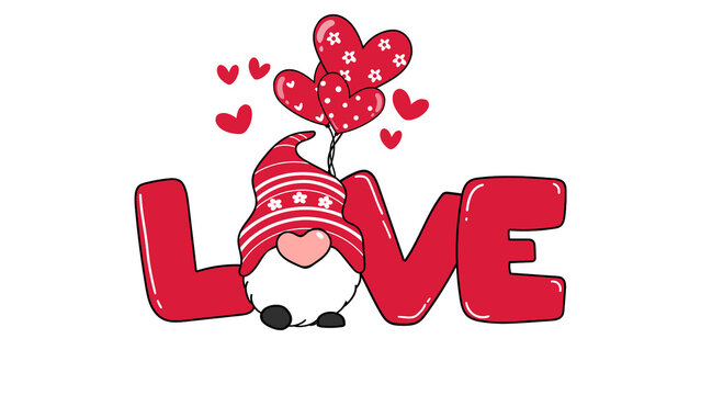 Valentine gnome with love text and heart balloons, cute cartoon holiday illustration, romantic red and white seasonal graphic for greeting cards