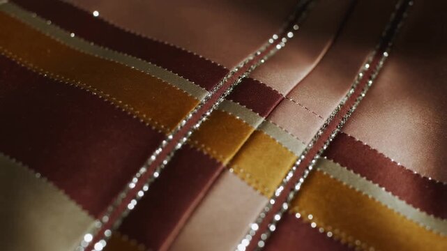 Pulling focus, camera lens moving across tabletop, revealing maroon mustard beige swatch with beads