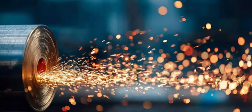 Industrial Sparks Flying From Metal Fabrication Cutting Work in a Bright Blue Abstract Workshop Glow