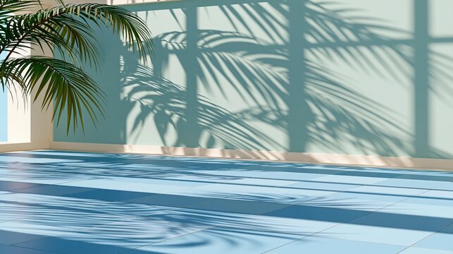 Palm frond shadows dance across a bright, airy room with blue tiled floors.