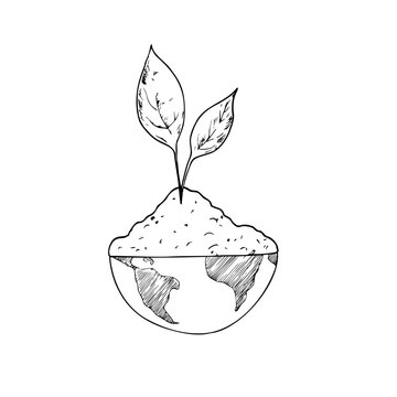 Vector eco sprout growing from planet earth soil. Minimalist hand drawn graphic line art globe concept for environmental protection. Clean ecological sustainability icon isolated on white background f