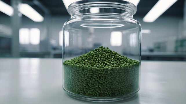 Biodegradable bioplastic pellets pla granules stored in a large clear glass jar inside laboratory.