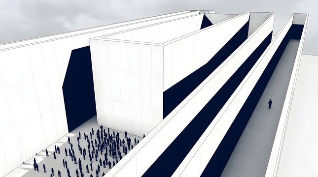 Architectural rendering depicts a complex minimalist cityscape with figures