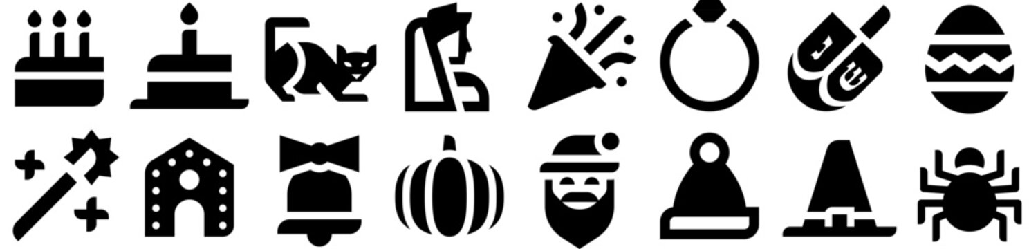 Holidays Icon Pack: christmas, cake, hat, birthday, holiday, new year, merry xmas, celebration, decoration, festive, halloween. Set of vector icons.