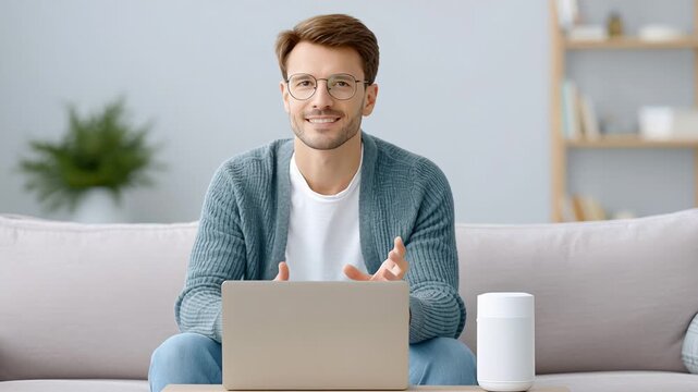 Young man with laptop using smart speaker in modern minimalist home setting