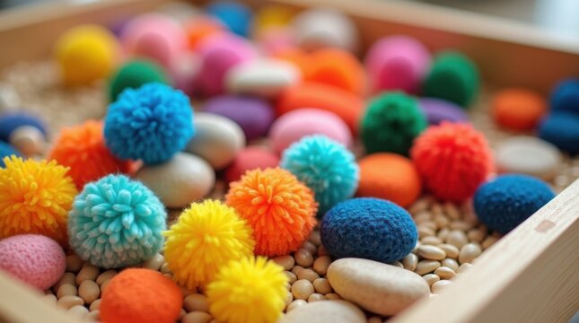 Bandeja sensorial colorida llena de pompones suaves y trozos de tela con textura