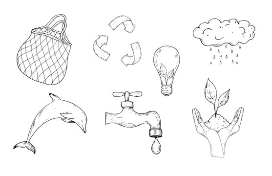 Vector eco care icon set with planet protection symbols. Minimalist hand drawn graphic line art collection for environmental conservation infographic. Clean green energy and water saving concept with 