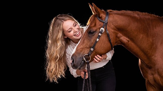 Laughing teenage girl hugging chestnut horse muzzle on black background for equestrian portrait