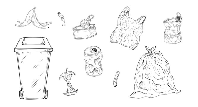Vector garbage and waste icon set with trash bin on wheels. Minimalist hand drawn graphic line art collection for recycling infographic. Clean environmental conservation concept with plastic bag, can 