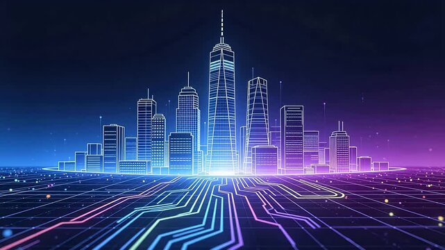 Sci-fi digital city landscape with neon building outlines and circuit ground
