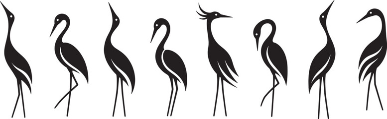 Fototapeta premium Black bird silhouettes featuring elegant long legged wading birds in varied standing poses, minimalist vector collection, concept of wildlife, nature and graceful movement