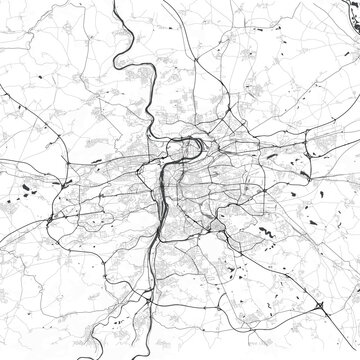 Minimal vector city map of Prague with streets, parks and Vltava River