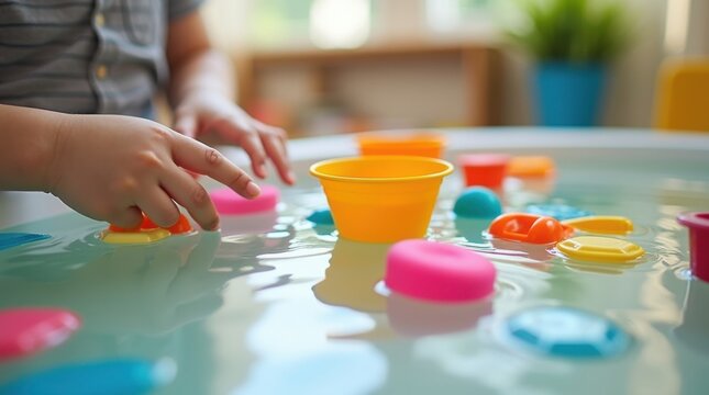 Actividad sensorial en agua poco profunda con formas coloridas flotantes, vasos peque&ntilde;os, embudos y cucharones seguros