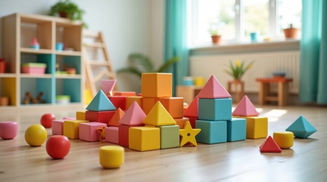 Bloques de construcci&oacute;n blandos dispuestos formando una estructura tridimensional imaginativa en el suelo de la sala de juegos de una guarder&iacute;a