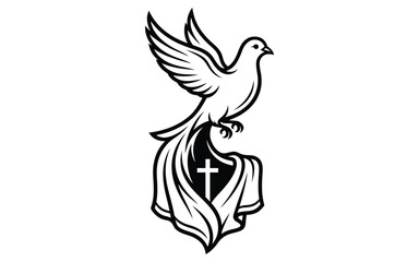 Fototapeta premium Flying Dove with Christian Cross Symbol Vector Illustration for Religious Design