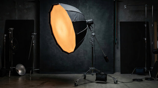 Professional lighting setup with large softbox on stand, creating warm glow in studio
