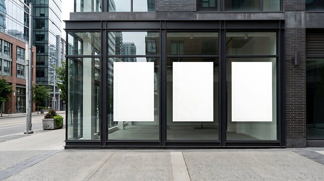 Empty shop front poster display mockup in large window frames with modern urban architecture