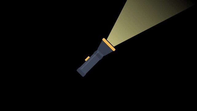 Animated flat design illustration of a dark blue flashlight turning on and off, casting a yellow light beam across a dark background.