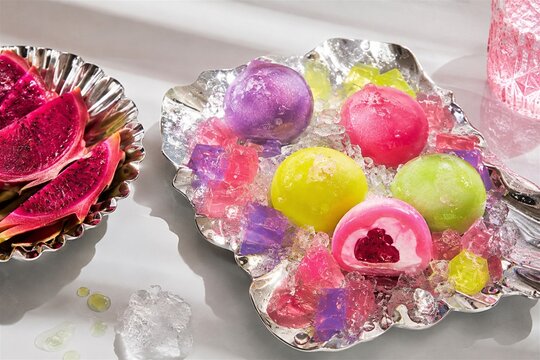 Colorful sensory fruit mochi arranged as a playful food still life