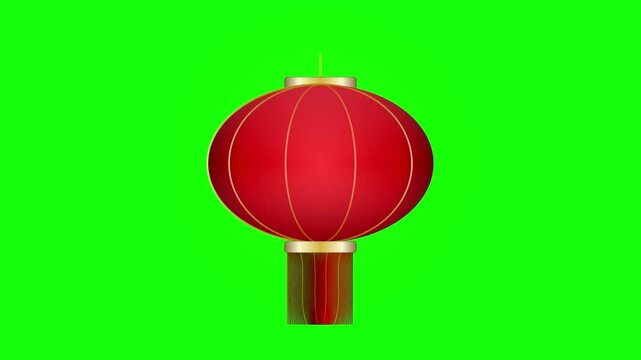 A traditional red lantern with golden accents and a tassel gently sways on a green screen for easy compositing and cultural holiday design.