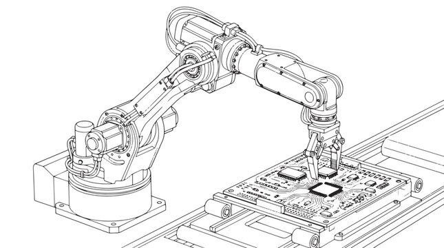 Industrial robotic arm line art, automated factory assembly vector, mechanical robot manipulator on conveyor belt, technical engineering drawing