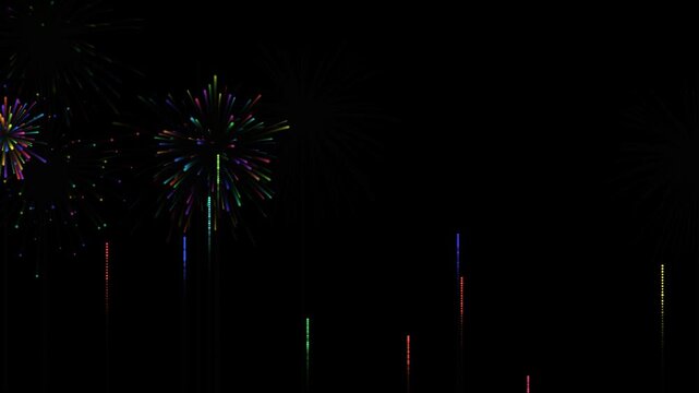 Colorful digital fireworks animation exploding across a dark night sky video