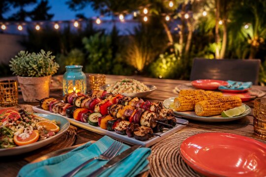 Colorful summer barbecue table set for an outdoor gathering