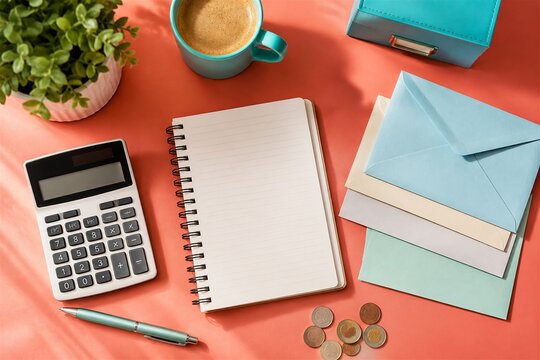 Colorful budgeting workspace with calculator and blank notebook