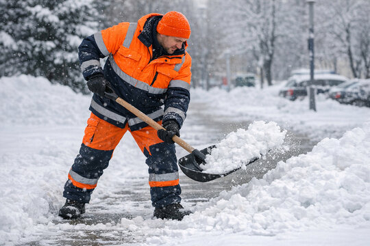 A man dressed in a reflective orange vest and an orange helmet, clearing snow from a city sidewalk with a shovel and plow.