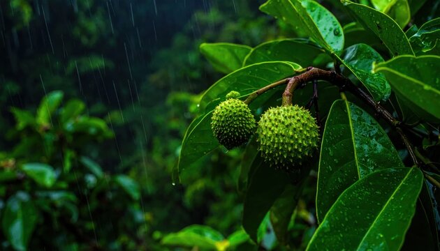 Green soursop fruit growing on tree branch in rain.