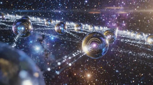 Visualizing Parallel Universes in Space with Transparent Orbs Linked by White Particle Streams against Starry Backdrop