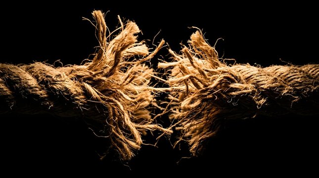 Severely frayed thick brown rope tearing apart under extreme tension against a dark background illustrating psychological stress and critical breaking points