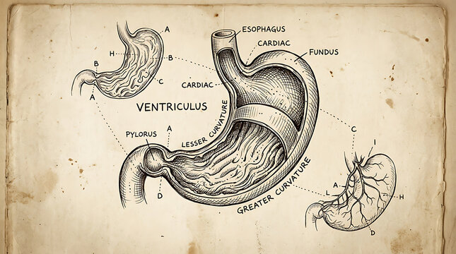 Vintage Anatomical Illustration of Human Stomach Structure and Internal Folds with Latin Annotations