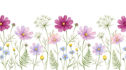 Fototapeta premium A panoramic vector illustration, seamless watercolor wildflower meadow border with cosmos and daisies on white background.