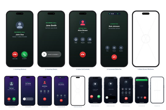 Modern Smartphone Call Interface Screens, Mobile Phone Calling UI, Incoming and Outgoing Call Screens, Voice Communication App Interface, Digital Contact and Phone Technology
