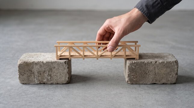 Hand placing a wooden bridge between concrete blocks