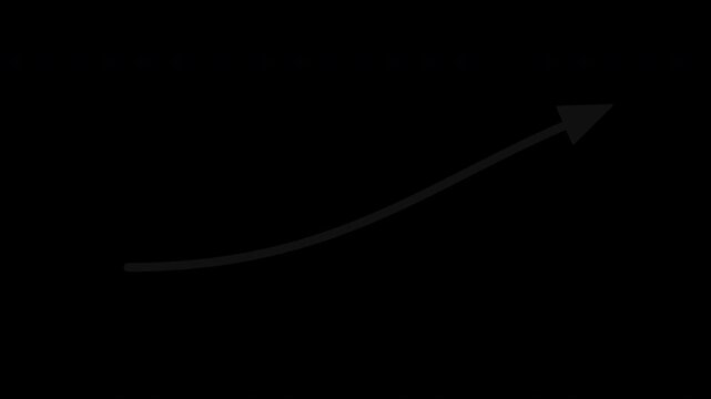 Bold curved 2D arrow drawing itself with a smooth line reveal and subtle bouncing arrowhead animation. Minimal hand-drawn pointer symbol isolated on a transparent alpha channel background