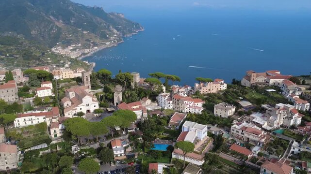 Aerial flyover around Ravello historic town perched high above Amalfi Coast 4K
