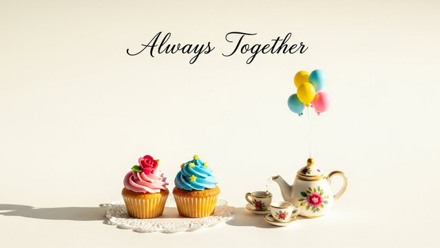 Cute cupcakes and miniature teacups with colorful balloons, whimsical tea party arrangement, 'Always Together' calligraphy, sweet celebration concept