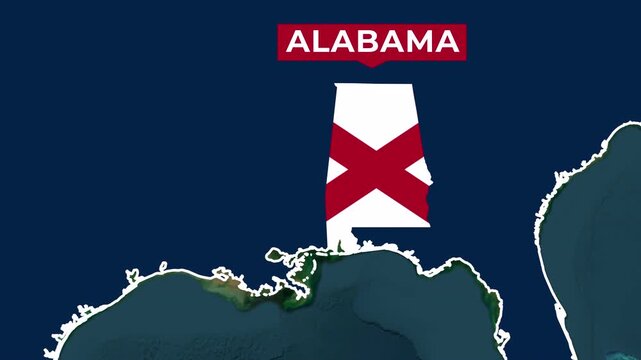 Satellite map of Alabama, USA. Blinking shape, then the flag of the state indicates the territory. With animated name tag. 4K High-quality animation, concept for broadcast, social media.