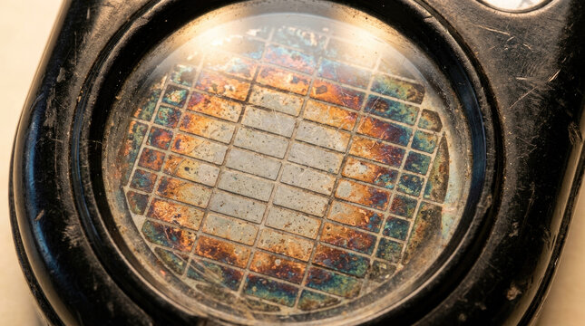 Vintage exposure meter with selenium cell showing colorful grid pattern. surface displays wear