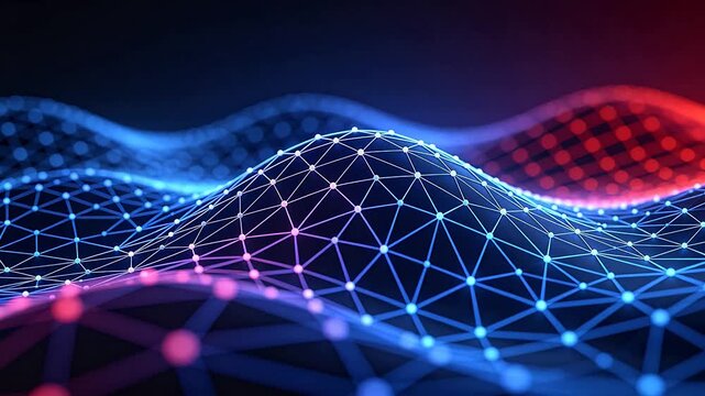 Abstract digital network grid with red blue and purple nodes forming a wavy structure