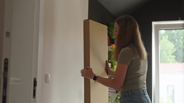 Woman carrying flat pack furniture into home office