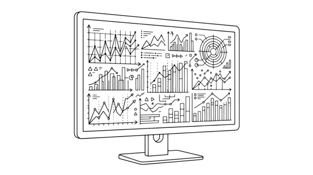 Hand drawn business dashboard on computer monitor, financial data visualization with charts and graphs, sketch style analytics interface vector