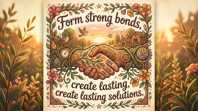 Inspirational Handshake Illustration with Floral Motifs and Motivational Text for Growth