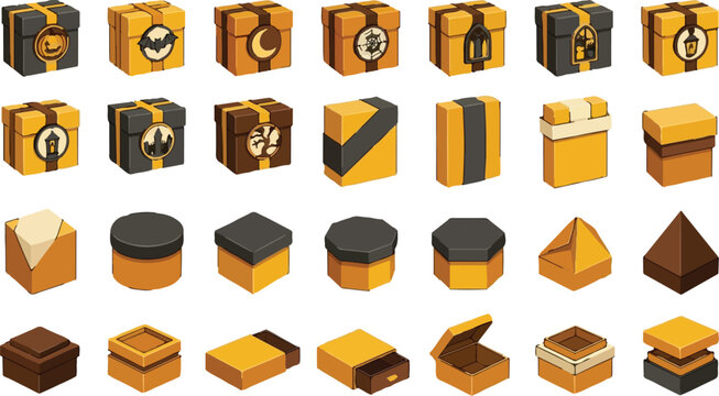 Isometric Gaming Chests, Treasure Boxes and Loot Icons Set. Gold, Brown and Grey RPG Reward Asset for UI and Mobile Game Development isolated PNG with Transparent Background halloween