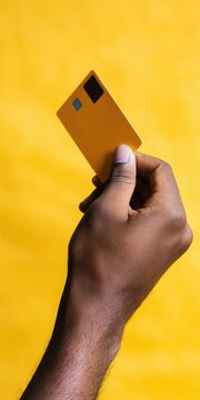 Hand holding credit card on yellow background