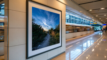 Obraz premium Bright modern metro interior featuring a blank movie poster mockup inside a slim dark frame, empty poster surface illuminated against a tiled wall, passing train rendered with gentle motion blur and