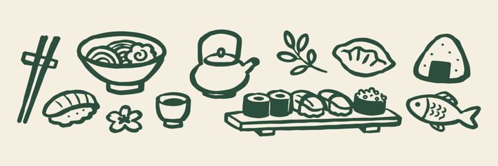 Obraz premium Japanese Food Hand Drawn Doodle Set with Sushi and Ramen