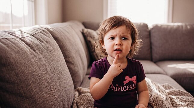 Confused toddler girl in princess shirt with puzzled expression sitting on couch